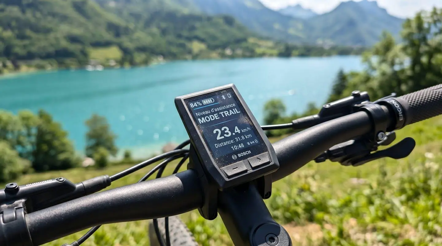 Gros plan sur l'écran de contrôle d'un vélo électrique affichant le niveau de batterie et le mode d'assistance, avec le lac d'Annecy flouté en arrière-plan