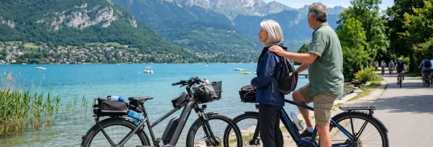 Un couple d'une soixantaine d'années fait une pause sur leurs vélos électriques au bord du lac d'Annecy, contemplant les montagnes en arrière-plan
