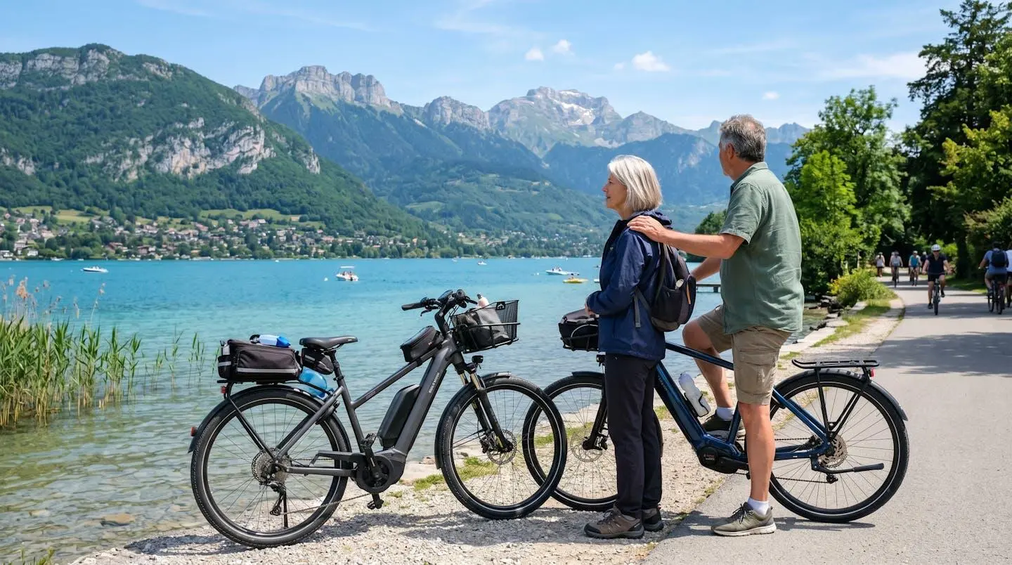 Un couple d'une soixantaine d'années fait une pause sur leurs vélos électriques au bord du lac d'Annecy, contemplant les montagnes en arrière-plan