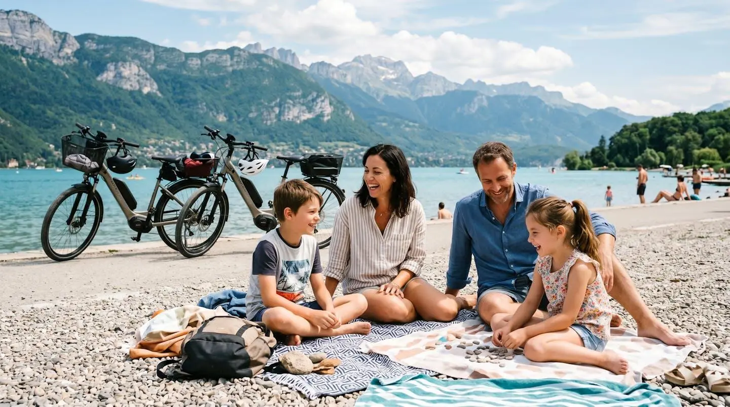 Une famille avec deux enfants fait une pause détente au bord d'une plage du lac d'Annecy, leurs vélos électriques posés à proximité