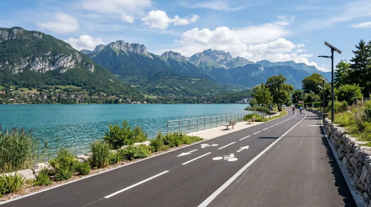 Vue large de la piste cyclable aménagée longeant le lac d'Annecy, avec l'eau turquoise et les montagnes alpines en arrière-plan, sans cycliste au premier plan